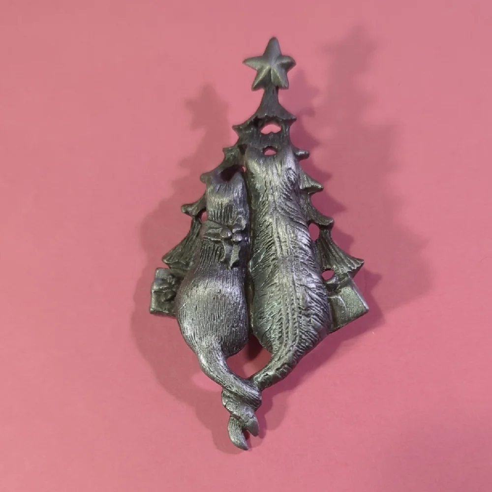 Silver Cat and Christmas Tree Brooch